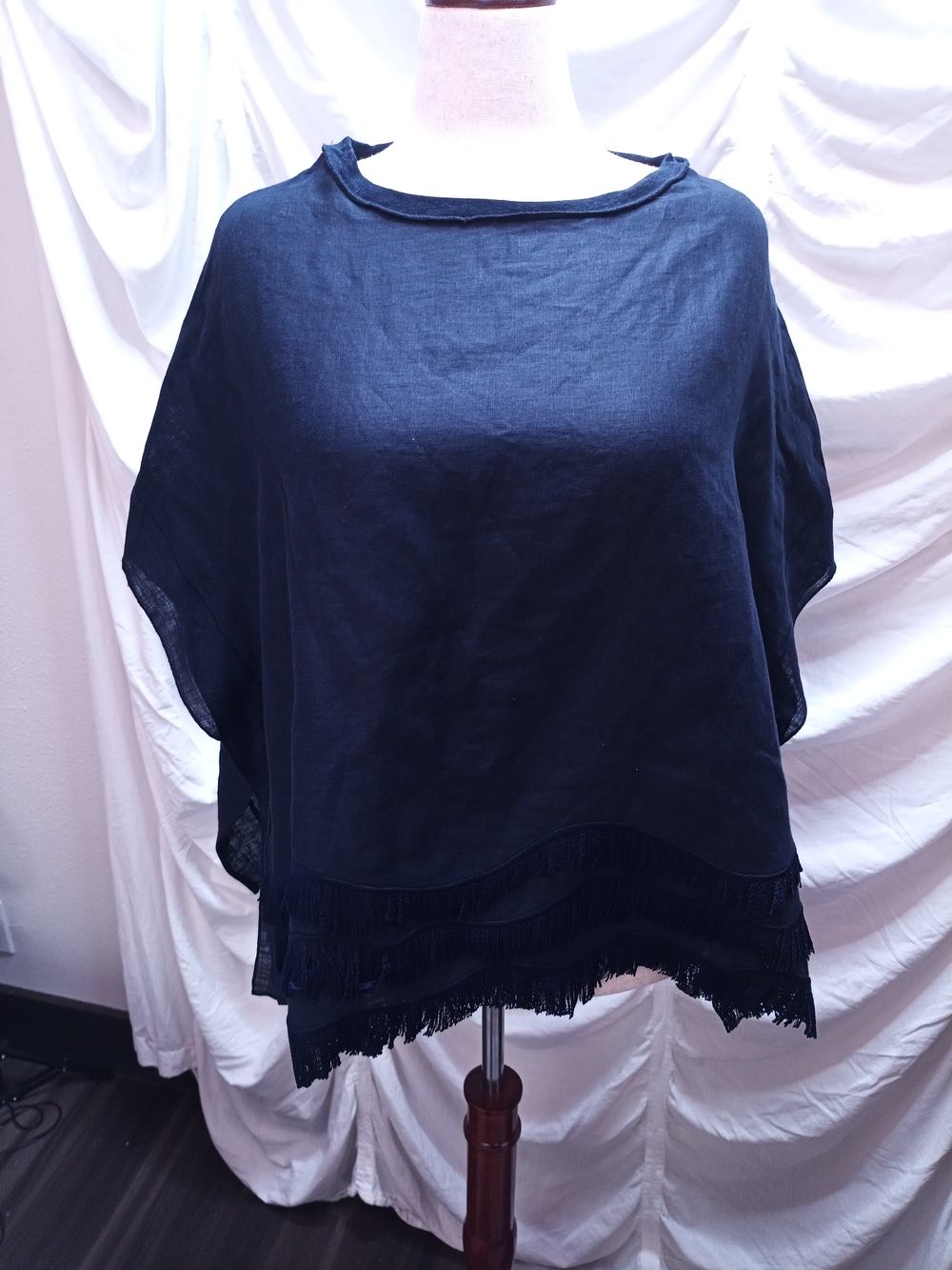 Milano Navy Fringe Short Sleeve Blouse